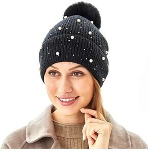 Beanie Knit Hat Pearls One Size Black Pearlcore Women's OS